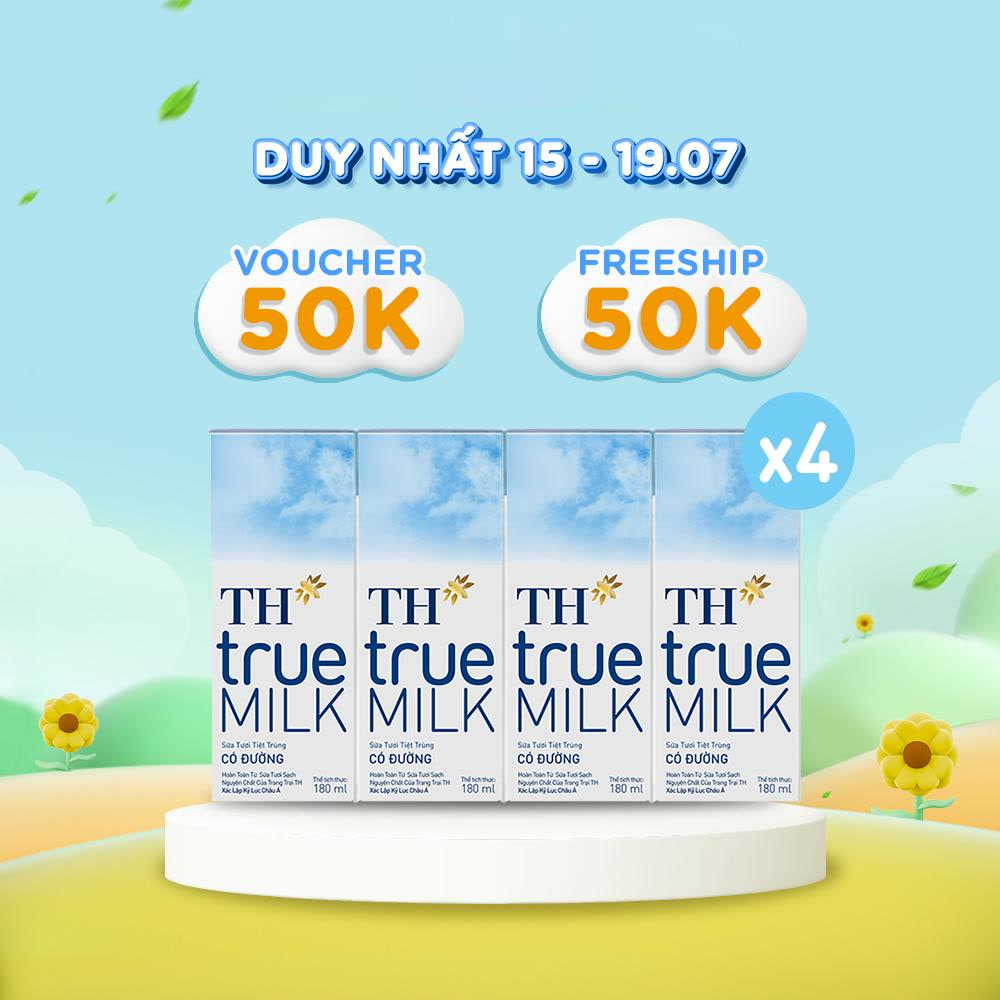 4 Lốc sữa tươi tiệt trùng có đường TH True Milk 180ml (180ml x 4 hộp)