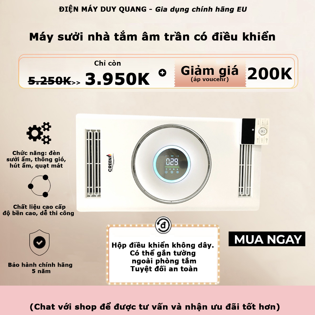 Quạt sưởi điều hòa phòng tắm thông minh CREEN CR-SMH688, Sưởi âm trần nhà tắm, điều khiển từ xa 6 trong 1