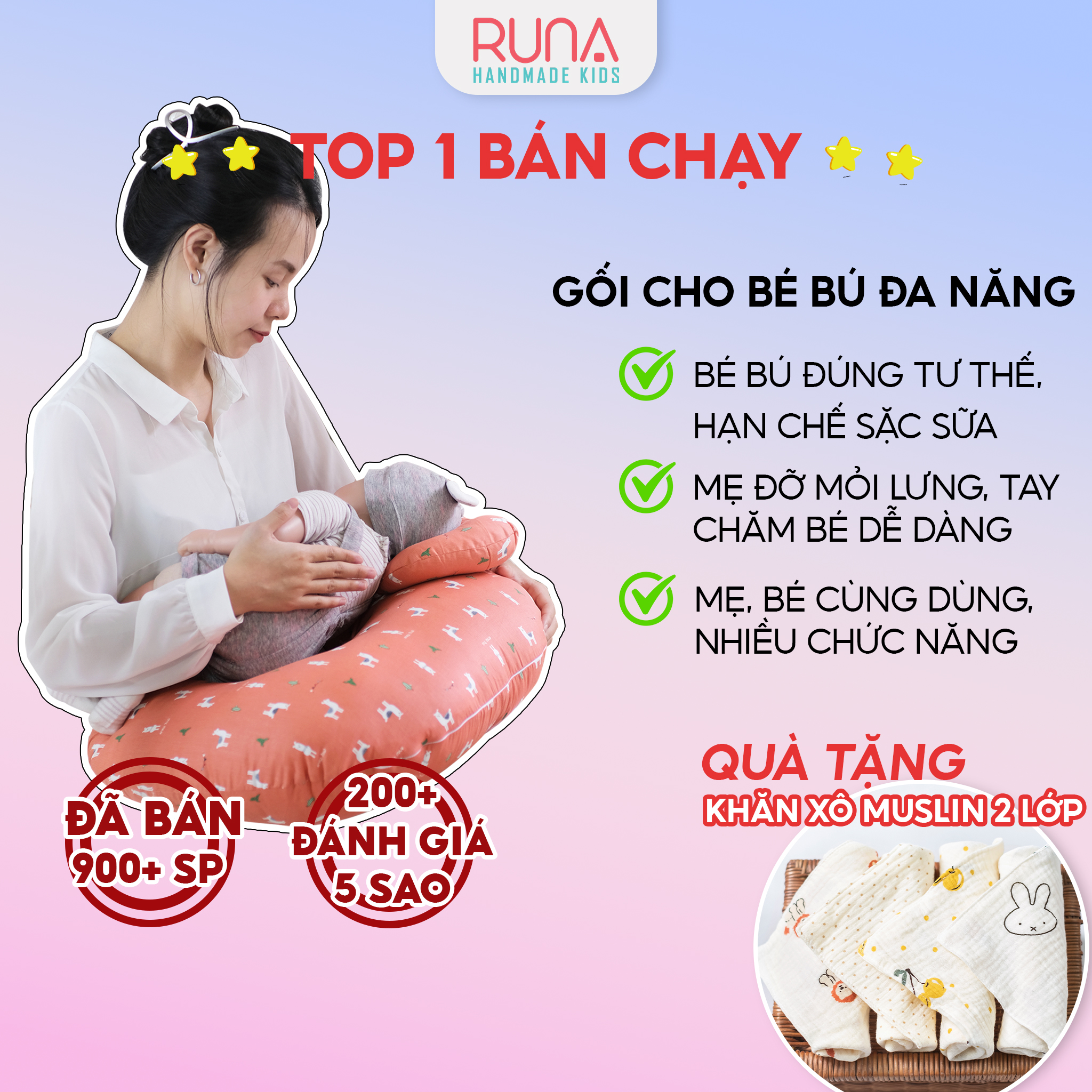Gối cho bé bú đa năng cao cấp RUNA KIDS cotton Hàn mềm mịn thoáng mát an toàn cho bé hoạ tiết dễ thương