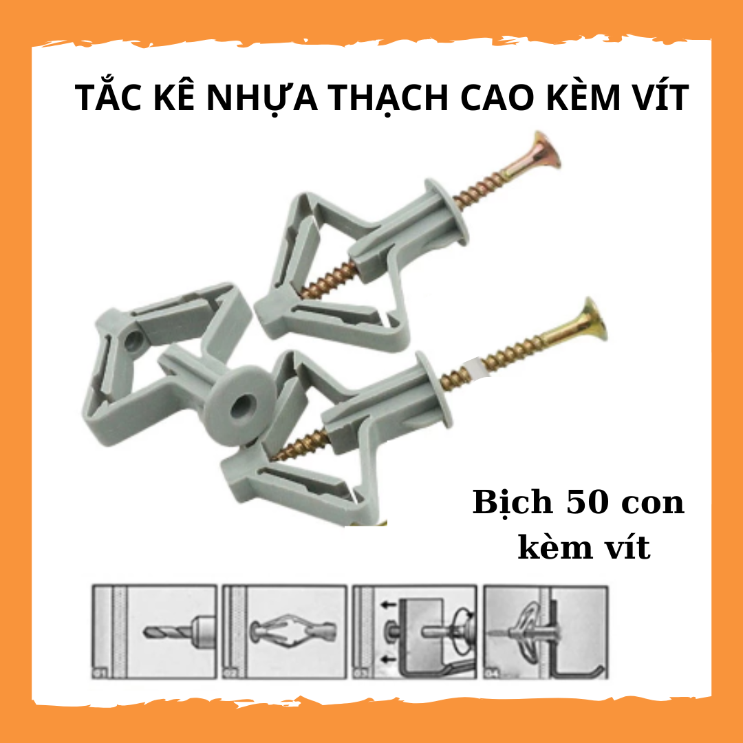 Tắc kê nhựa, tắc kê bướm, nở cánh bướm,vít nở nhựa lắp trần thạch cao, bịch 50 tắc kê kèm vít
