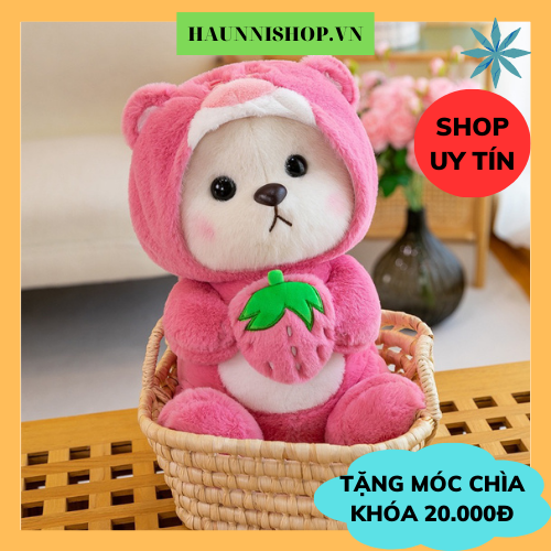 Gấu bông cosplay- gấu bông lena ôm dâu mặc áo cosplay gấu dâu lotso, gấu lena ôm dâu sang trọng, phù hợp làm qùa tặng ý nghĩa - haunnishop.vn