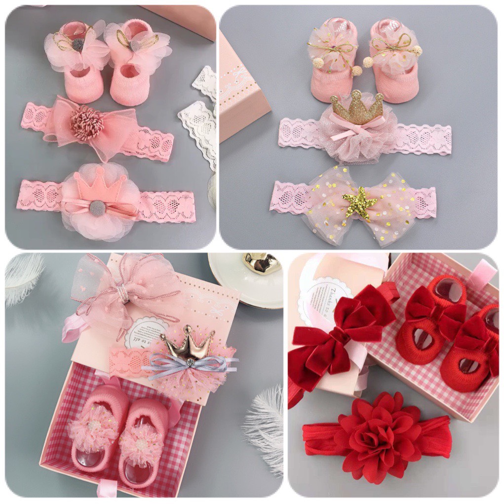 Sét Phụ Kiện Vớ Kèm Băng Đô và Hộp Quà Xinh Cho Bé