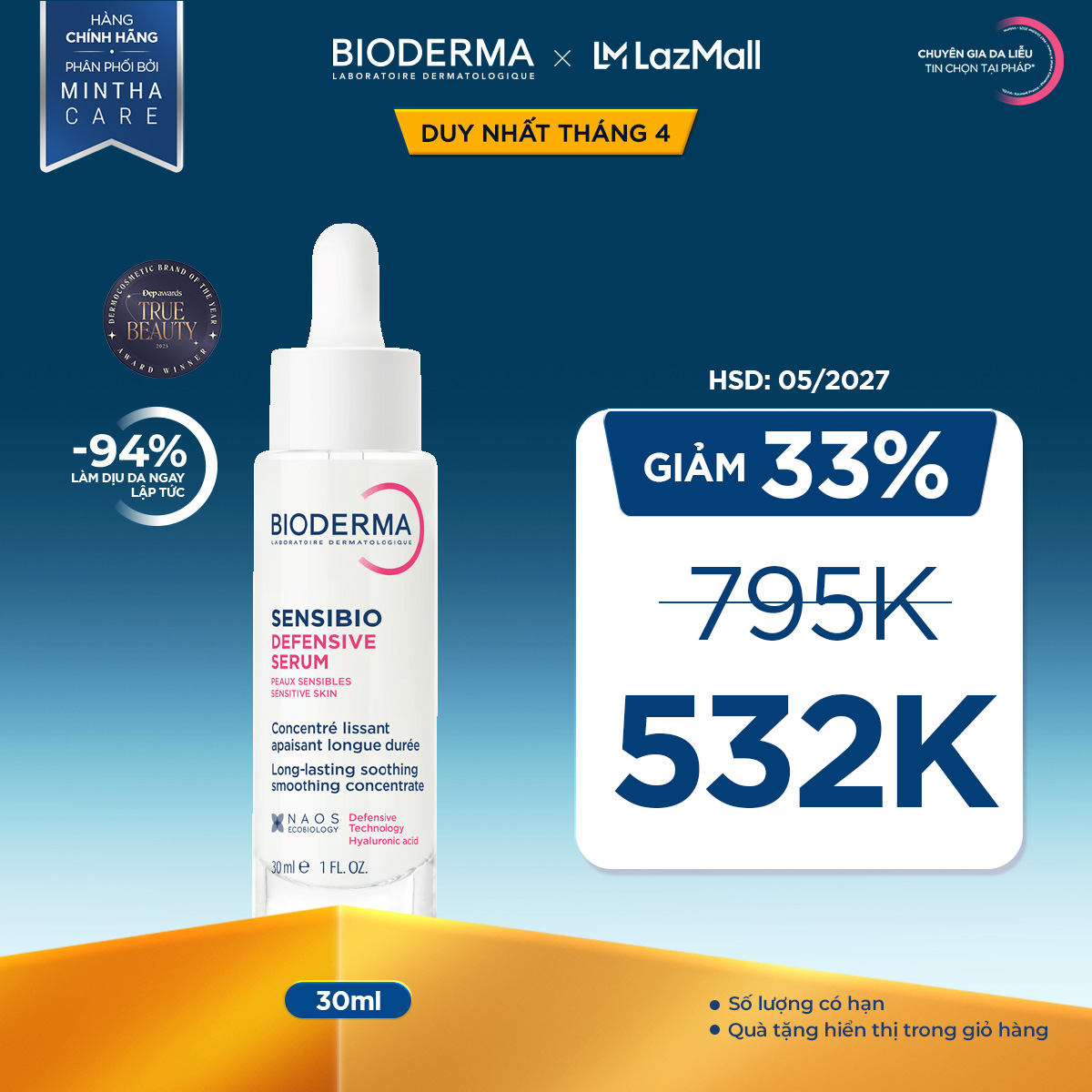 Tinh chất ngăn ngừa lão hóa cho da nhạy cảm Bioderma Sensibio Defensive Serum 30ml