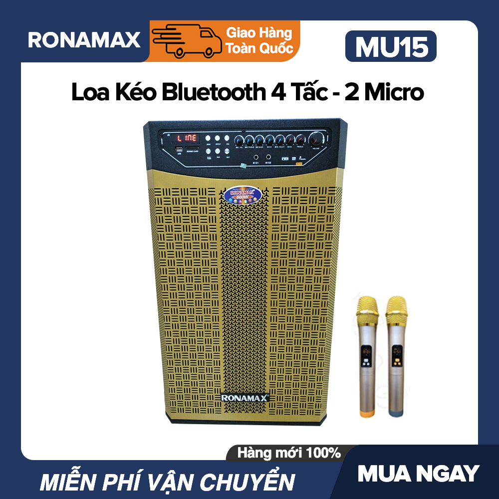 [Trả góp 0%]Loa Kéo Karaoke Di Động Bluetooth Ronamax MU15 (600W) - 4.5 Tấc  2 Mic Đi Kèm Vỏ Gỗ Lưới Vàng hoặc Đen - Bảo Hành 6 Tháng