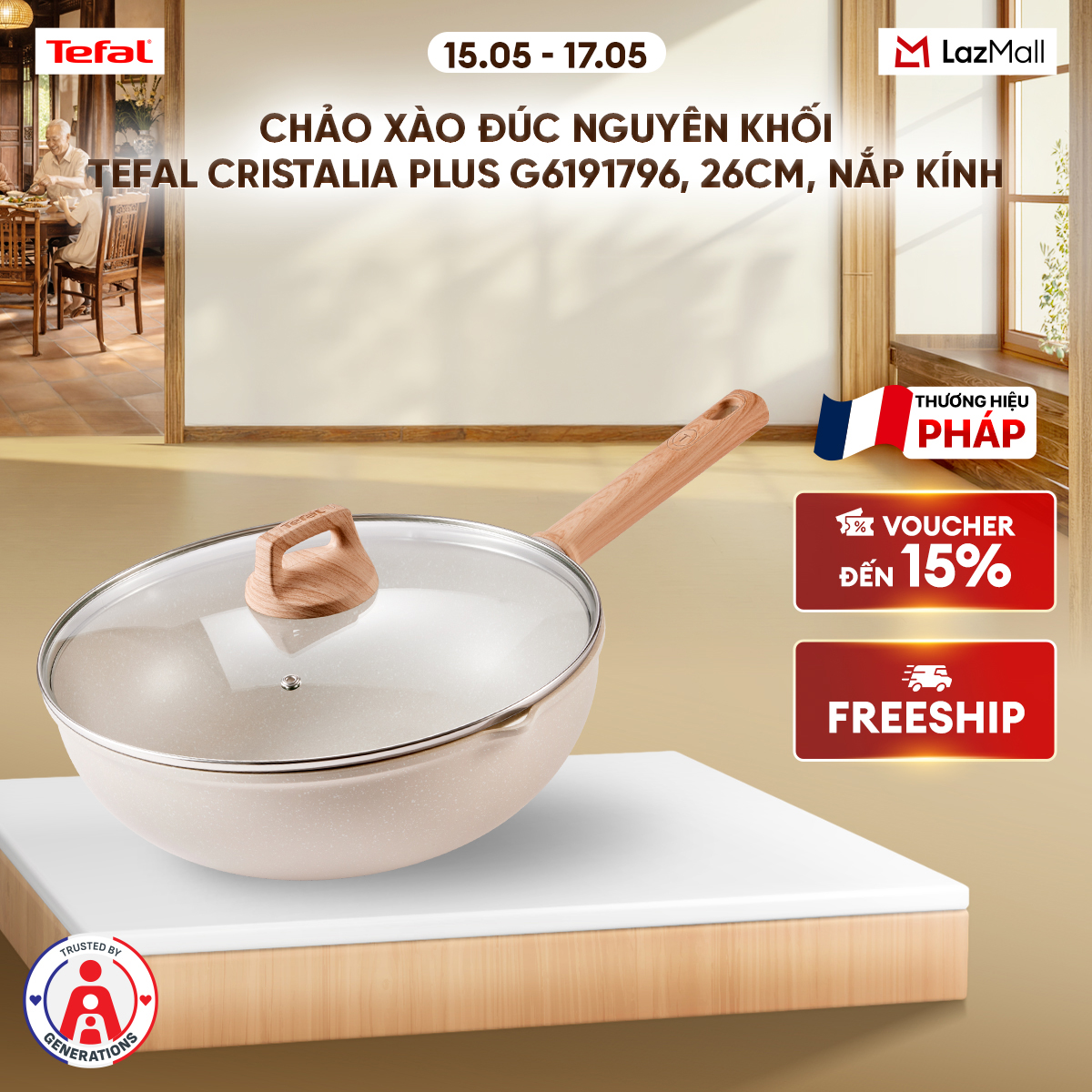 Chảo xào đúc nguyên khối Tefal Cristalia Plus G6191796, 26cm, nắp kính