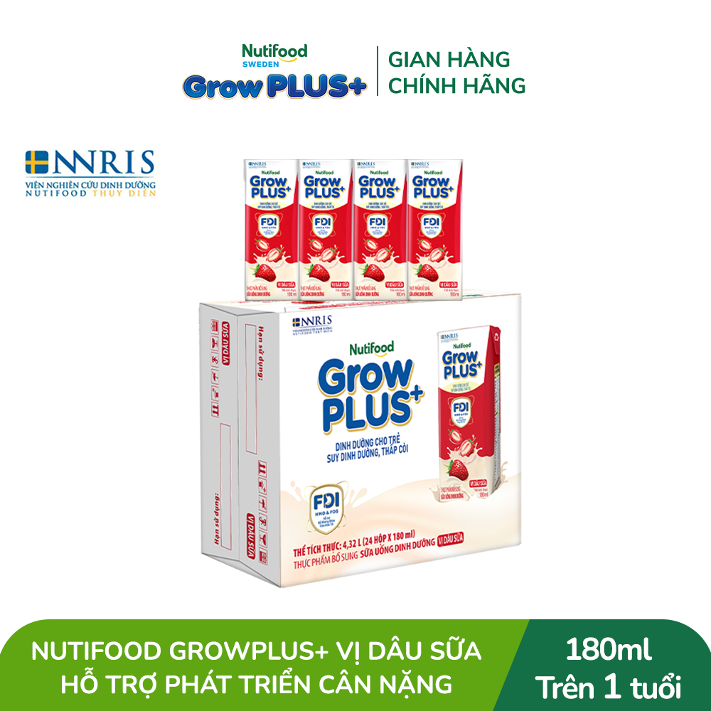 Thùng 24 hộp Sữa bột pha sẵn Nutifood GrowPLUS+ Vị Dâu Sữa hộp 180ml - Hỗ trợ phát triển cân nặng (24 hộp x 180ml)