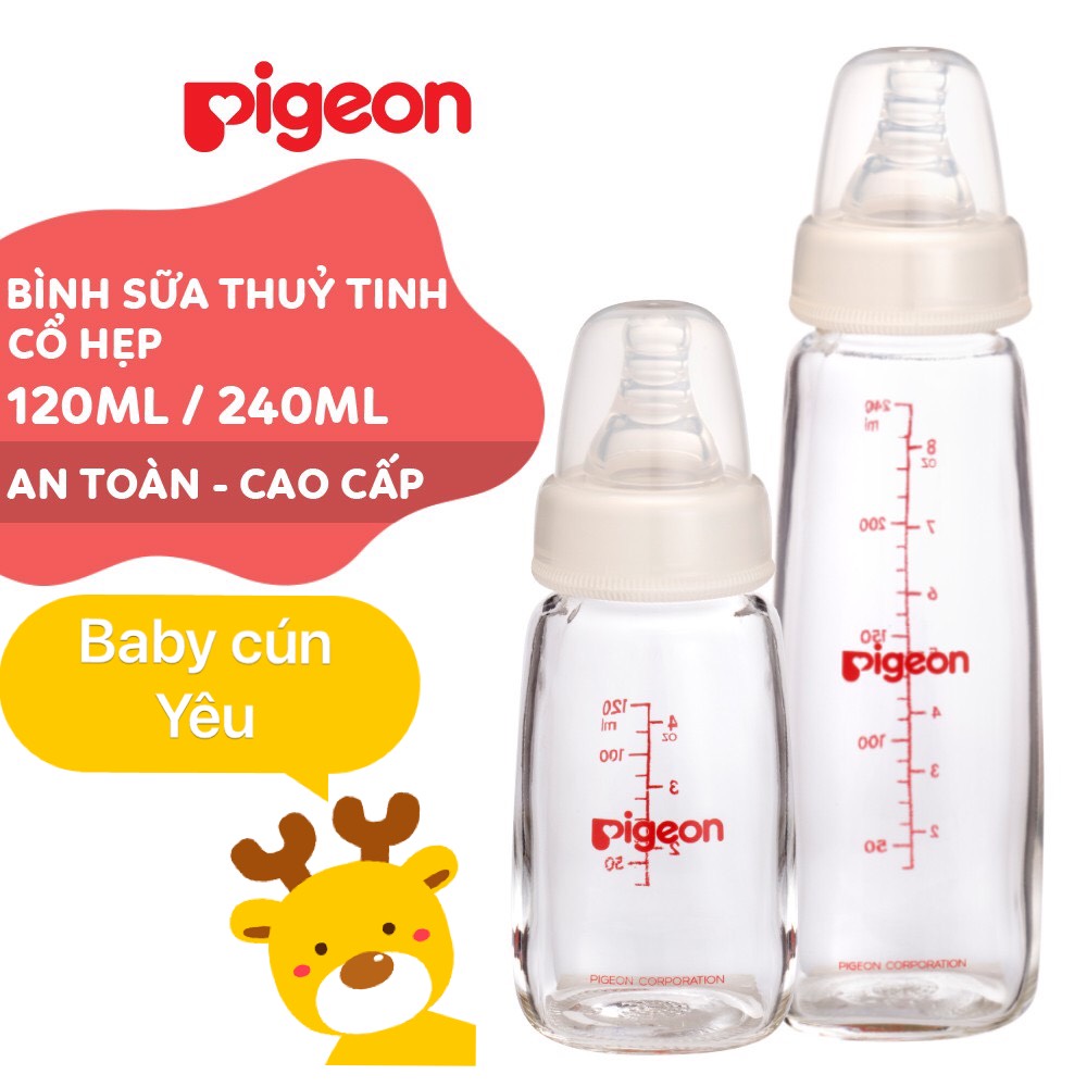 Bình sữa thủy tinh Pigeon 120ml /240ml cổ hẹp với núm vú silicone siêu mềm