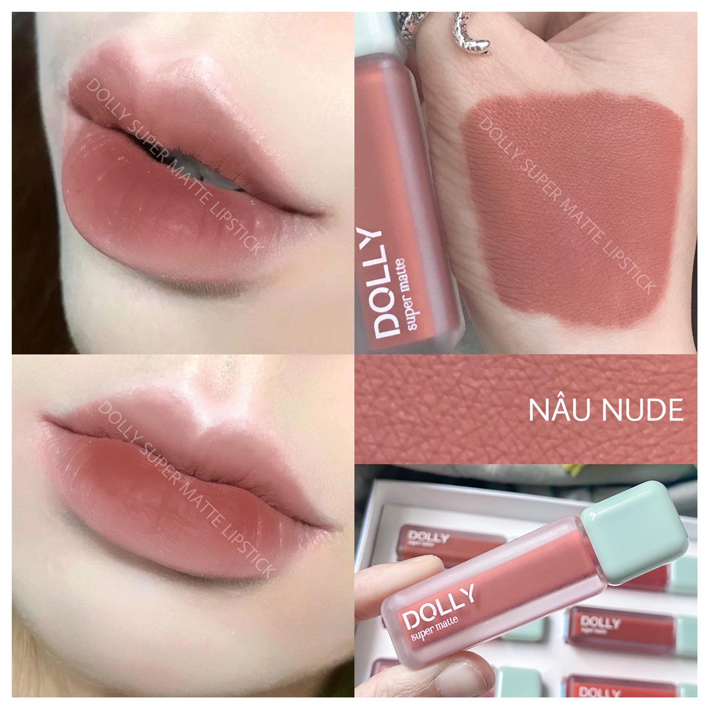 Son kem lì màu nâu nude Dolly super matte, son kem lì không chì bền màu lâu trôi