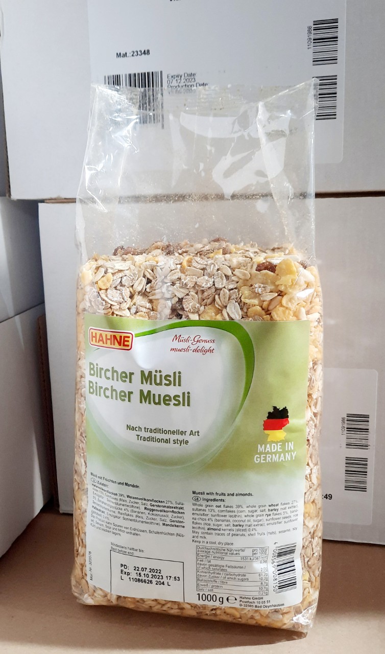 Ngũ cốc không đường Hahne NK Đức 1kg 30% Trái cây sấy ăn sáng dinh dưỡng date 12/23 ÂU CHÂU SHOP