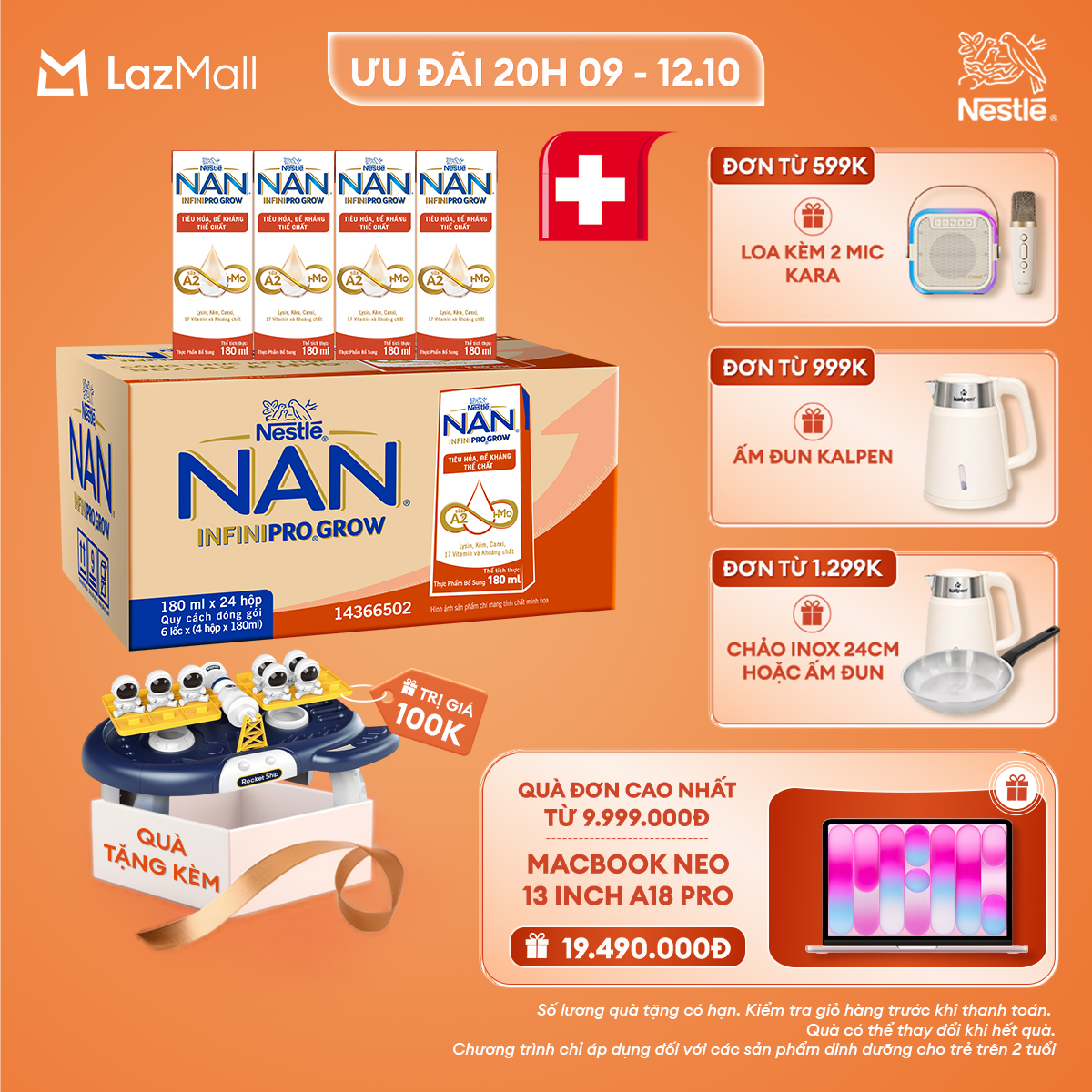 [CHỈ 20h 9-12.10 QT ĐƠN 599K/999K/1299K] [Tặng Đồ chơi bàn học làm toán cân bằng] Thùng 24 hộp sữa pha sẵn Nestle NAN INFINIPRO GROW với công thức vượt trội kết hợp sữa A2 và HMO hỗ trợ tiêu hóa, đề kháng và phát triển thể chất (4x180ml)
