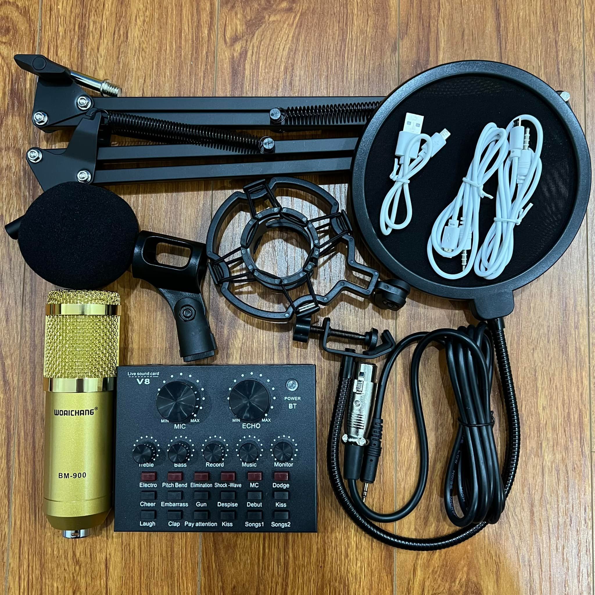 [ Xã Kho - Gía Sốc ] Trọn Bộ Sound-Card V8 + Micro BM900 Chuyên Karaoke, Livestream, Thu Âm Combo Micro BM 900 Woaichang + Sound Card V8 – Thu Âm Hát Live Stream Tại Nhà , Karaoke Giá Rẻ Đầy Đủ Phụ Kiện
