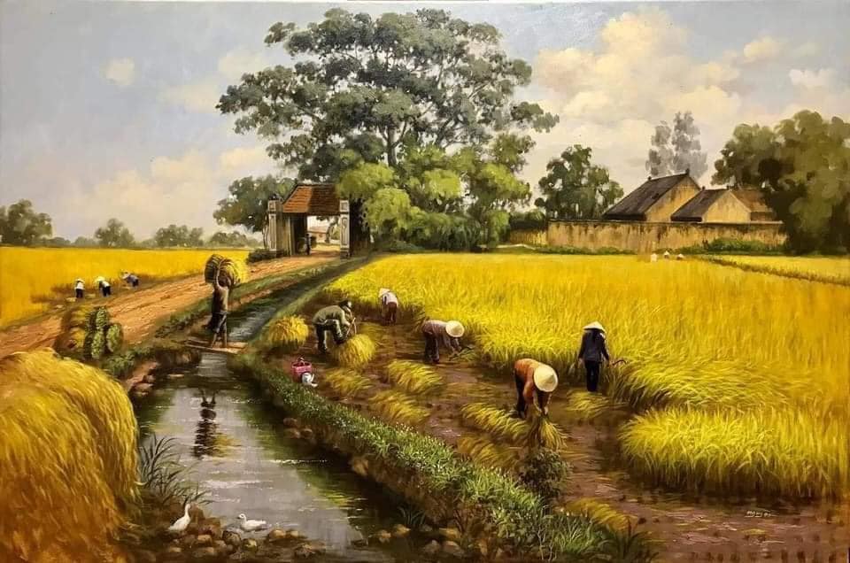 Tranh đồng quê mùa lúa gặt kèm khung tranh