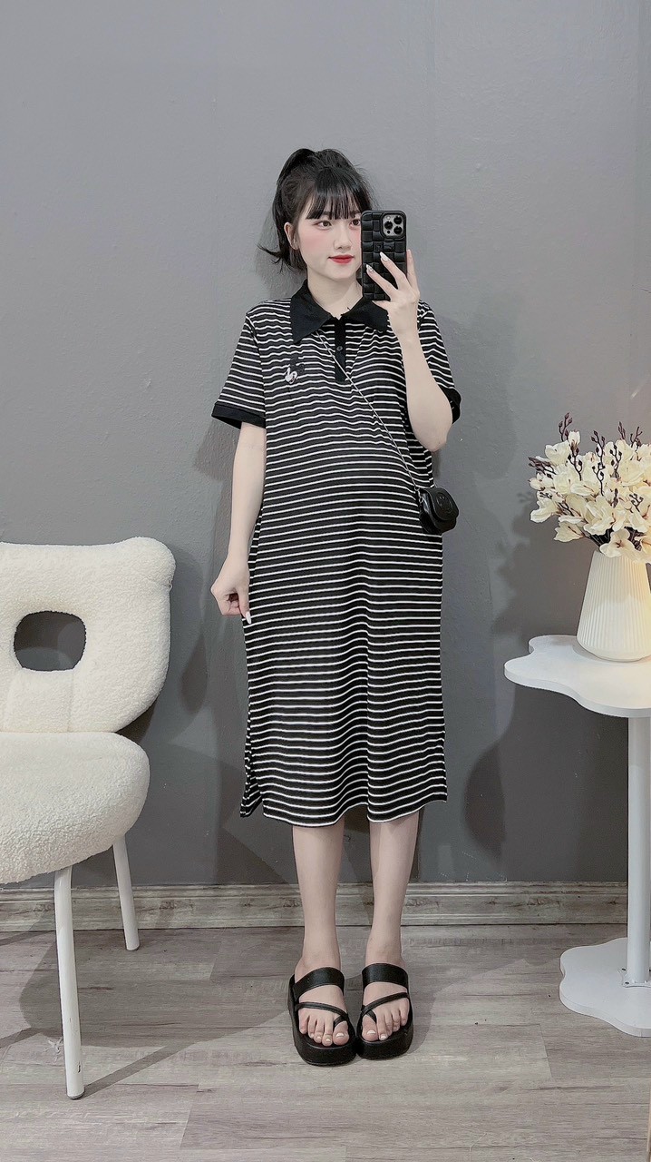 Váy bầu công sở thiết kế  - Đầm bầu thời trang mùa hè suông a kẻ sọc