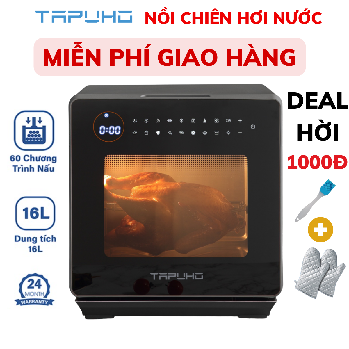 Nồi chiên không dầu hơi nước tapuho tsf16 16 lít, 4 chế độ chiên - hấp - nướng - hầm - chiến & hấp - 60 chức năng - bảo hành 24 tháng - befoyo