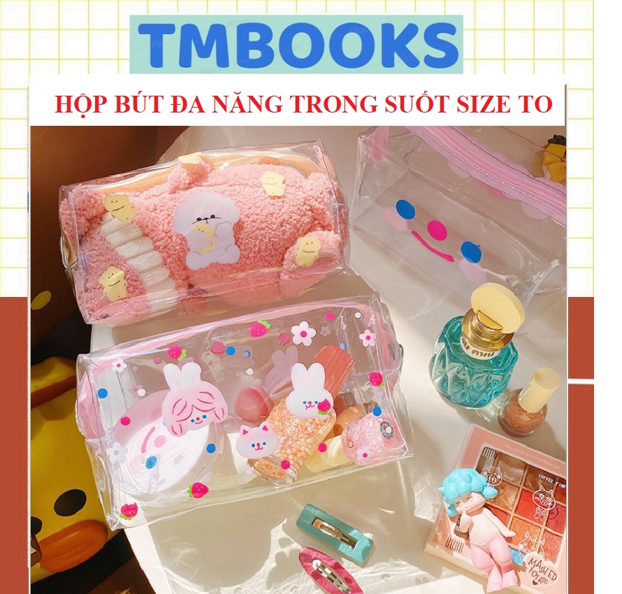 Hộp bút đa năng trong suốt to dễ thương đựng vừa máy tính, đồ mỹ phẩm tiện dụng