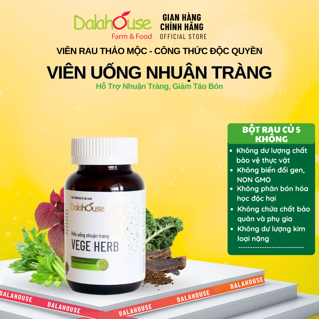 Viên uống nhuận tràng vege herb dalahouse hỗ trợ nhuận tràng, giảm táo bón lọ 90/30 viên nén