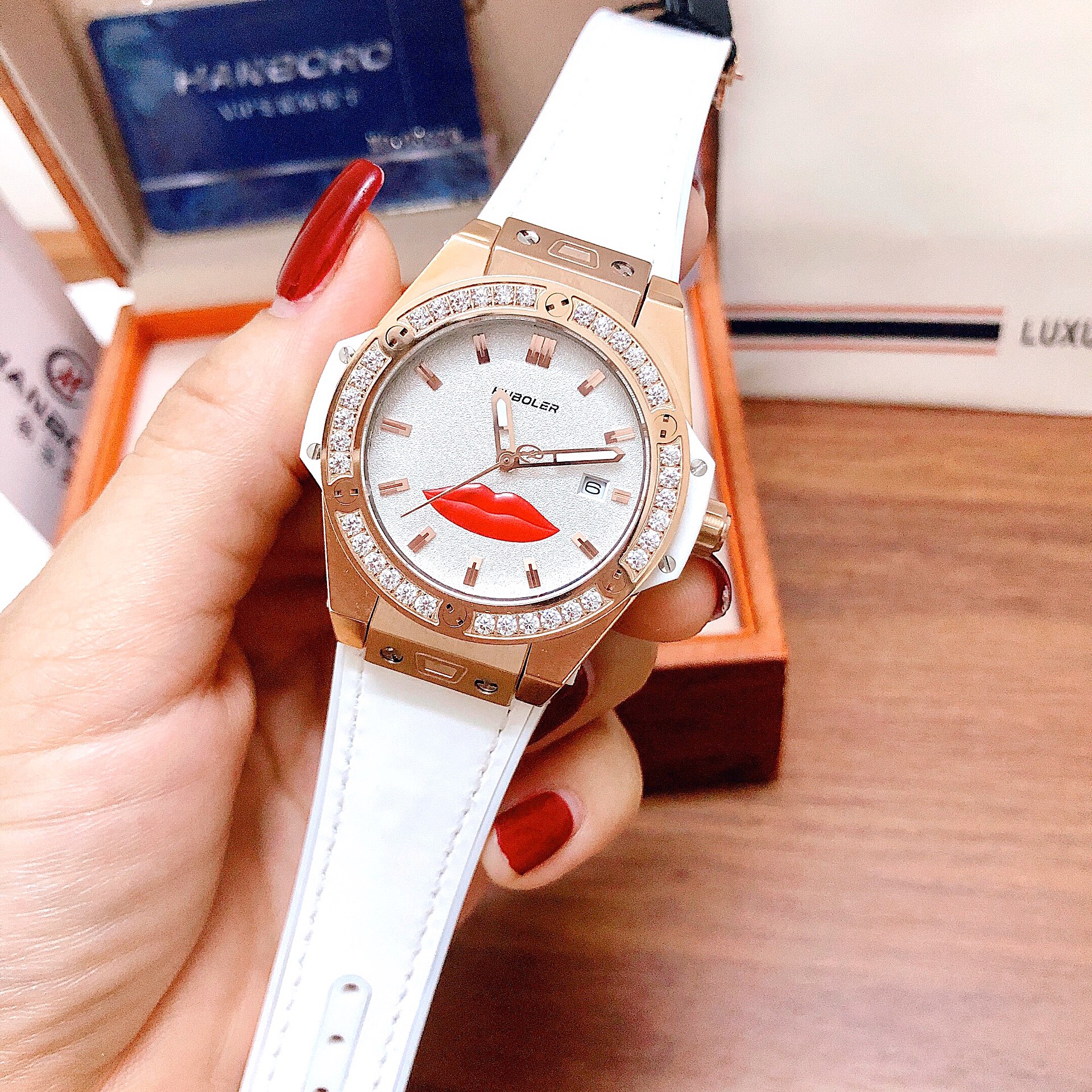 Đồng hồ huboler lip nữ dây da silicon trắng 36mm rose gold