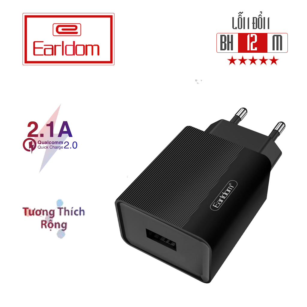 Củ Sạc Nhanh Earldom 5V 2.1A USB Charger for iPhone X 8 7 iPad Fast Wall Charger EU Adapter for Samsung S9 Xiaomi Mi 8 Mobile Phone Charger (Black)
