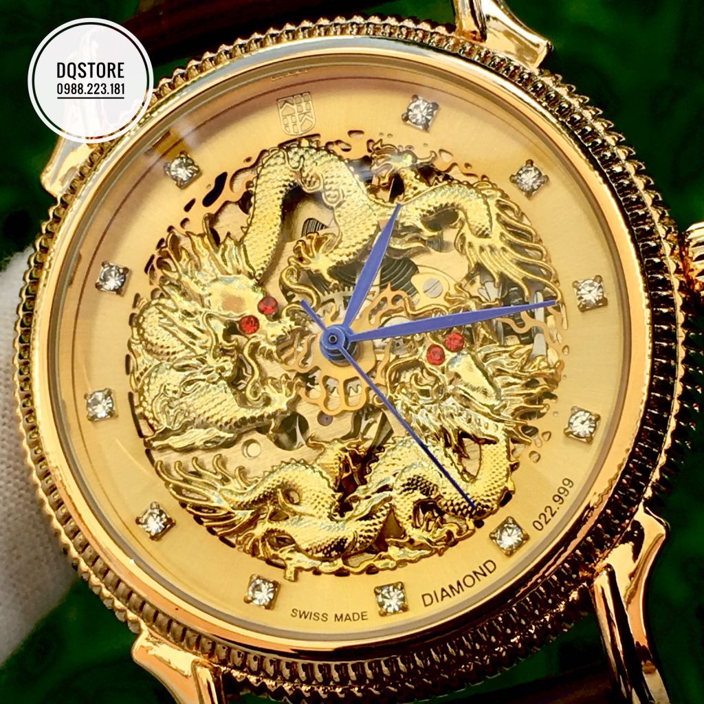 [HCM]Đồng hồ cơ nam song long chầu nguyệt mang may mắn tiền tài đến người sở hữu dây da cao cấp chống nước tốt trên 3ATM có bảo hành 12 tháng