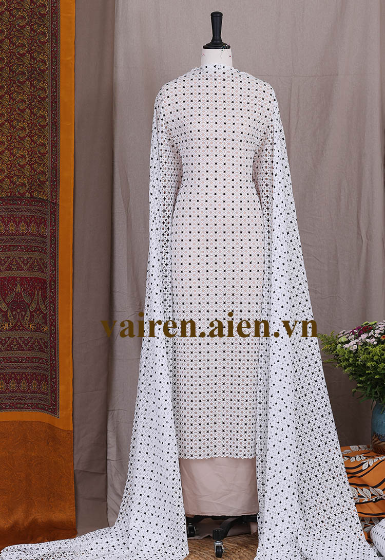 Vải ren trắng hoa nhí may áo dài alr88272-1