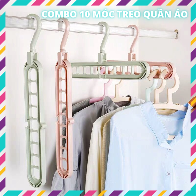 Combo 10 Móc Treo Quần Áo Đa Năng Thông Minh 9 Lỗ Tiết Kiệm Diện Tích, Xoay Gấp Gọn 2 Chiều
