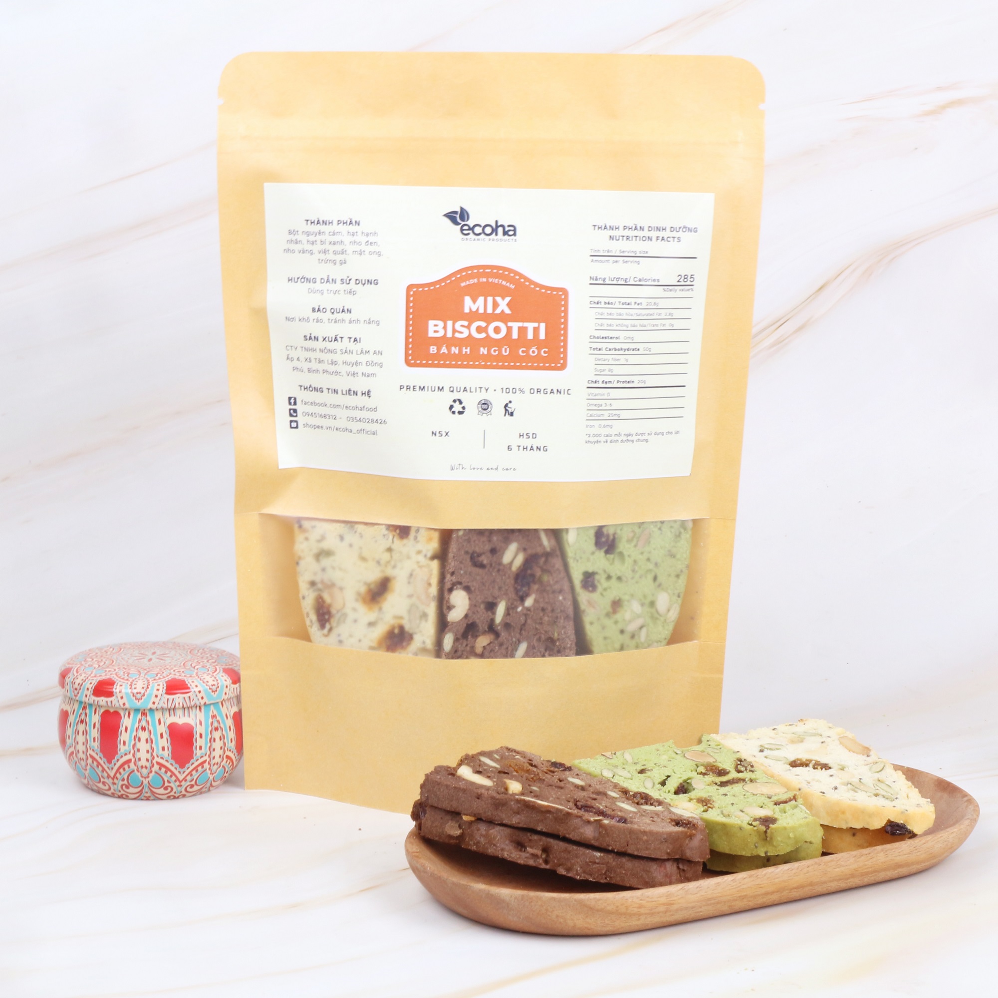 Bánh Biscotti nguyên cám 3 vị ECOHA, bánh ngũ cốc giảm cân không đường nướng mật ong