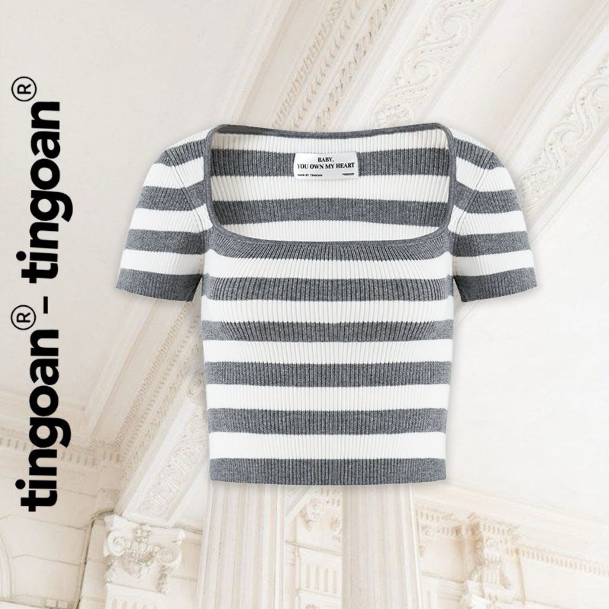 Tingoan® - áo len xù crop lửng ngắn tay cổ vuông kẻ xámcam bora bora top/gr