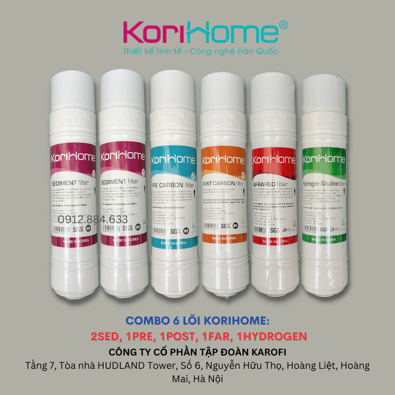 Combo 6 lõi lọc nước Korihome  NK Hàn Quốc dạng U cắm nhanh 10" chính hãng