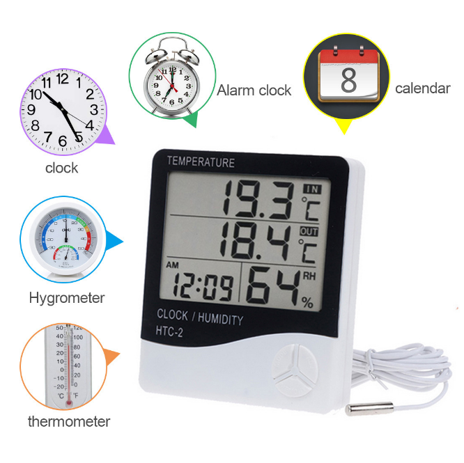 Nhiệt ẩm kế đồng hồ đo nhiệt độ để bàn HTC-2 có đầu dò cảm biến nhiệt độ độ ẩm