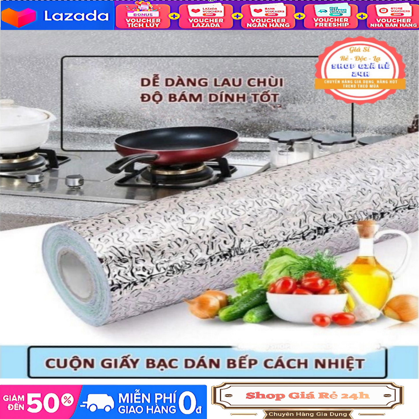 Cuộn giấy decal 2mét dán bếp cách nhiệt màu bạc chống thấm kích thước 0.6 x 2m