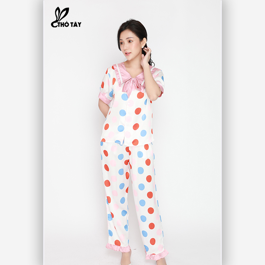 Đồ ngủ pijama lụa satin cổ bèo nơ - thỏ tây db265b309