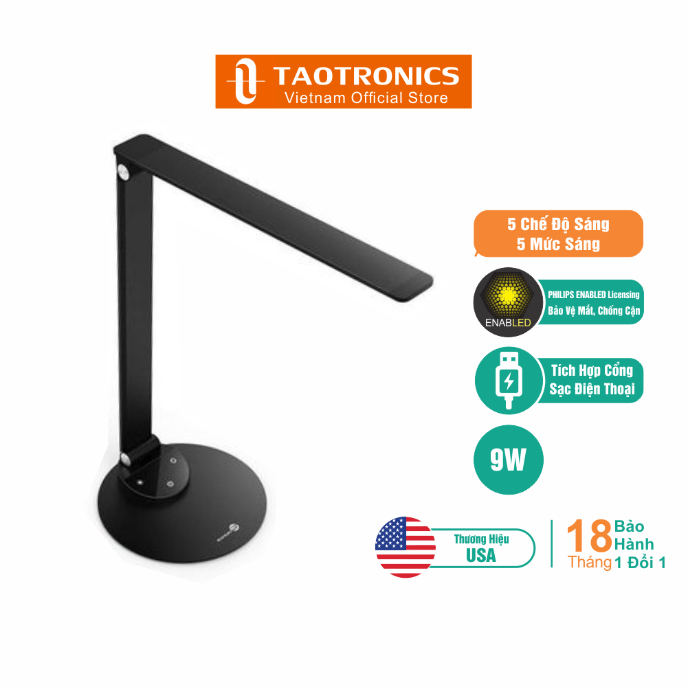 Đèn bàn học và đọc sách led taotronics chống cận và bảo vệ mắt tt-dl19 9w, 5 chế độ ánh sáng, 5 mức sáng - độc quyền chính hãng
