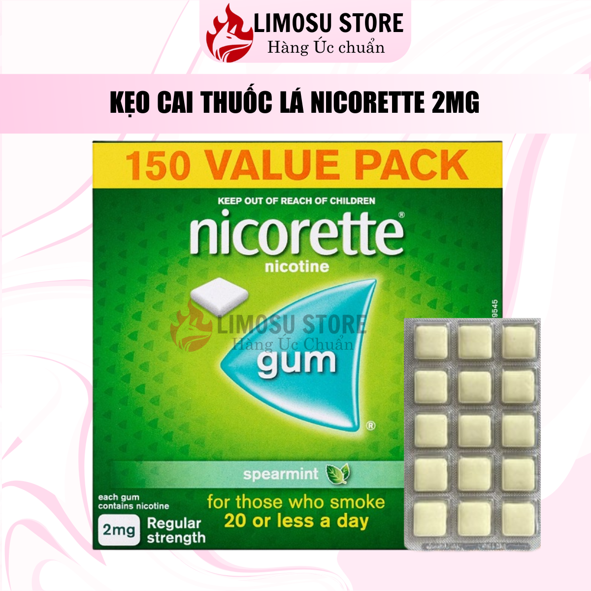 Kẹo cao su  cai thuốc lá, thuốc lào Nicorette 2mg - bản Úc