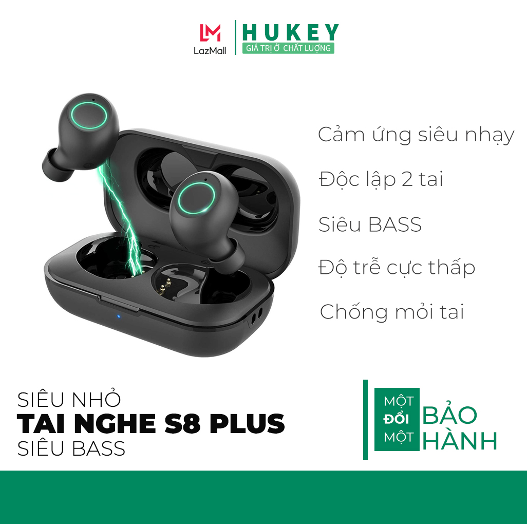 Tai nghe bluetooth không dây hoàn toàn Hukey S8 Plus - Kết nối công nghệ thông minh trí tuệ nhân tạo- siêu nhỏ - siêu bass - đèn LED cực thời trang