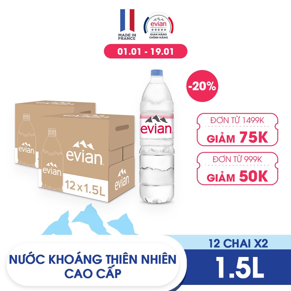 Combo 2 thùng 12 chai nước khoáng thiên nhiên Evian 1.5L