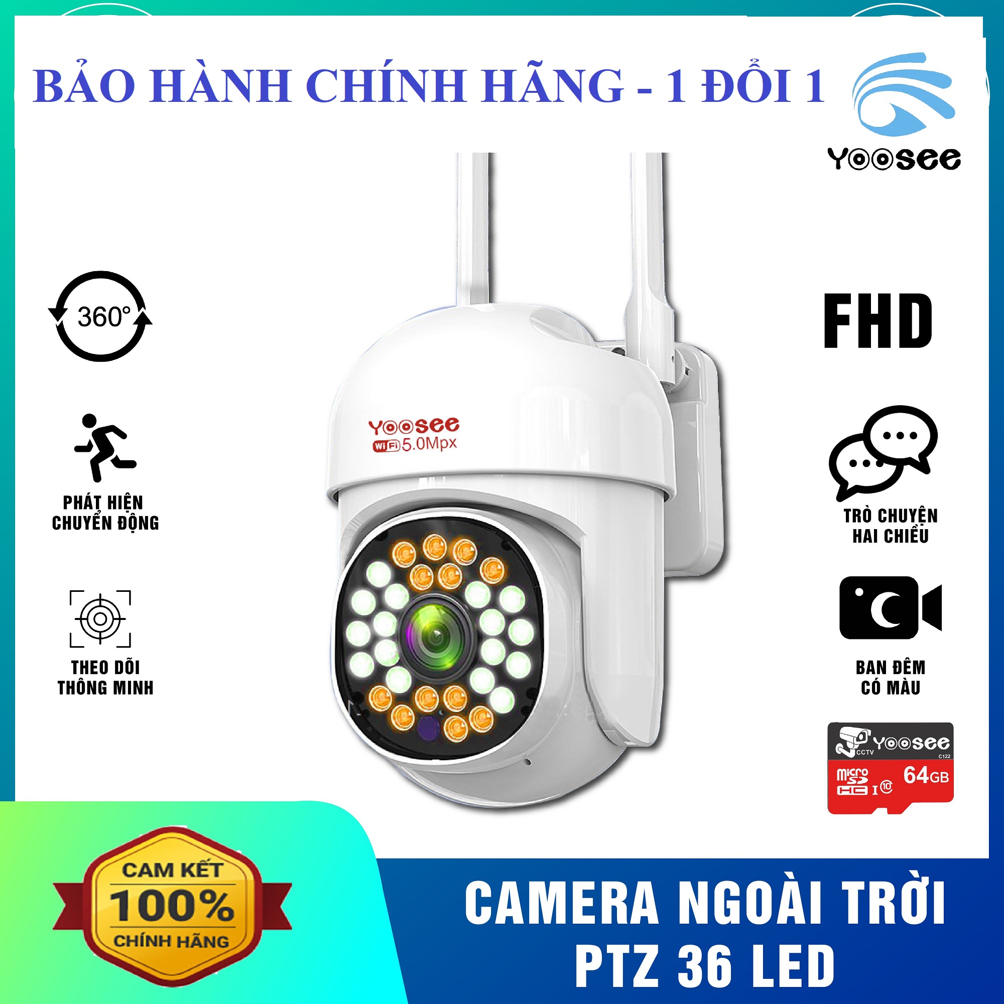  Camera IP Yoosee Ngoài Trời PTZ mini 36LED 5.0Mpx 1080P - Xoay 360 độ - chống nước xem đêm có màu - Không có cổng Lan 