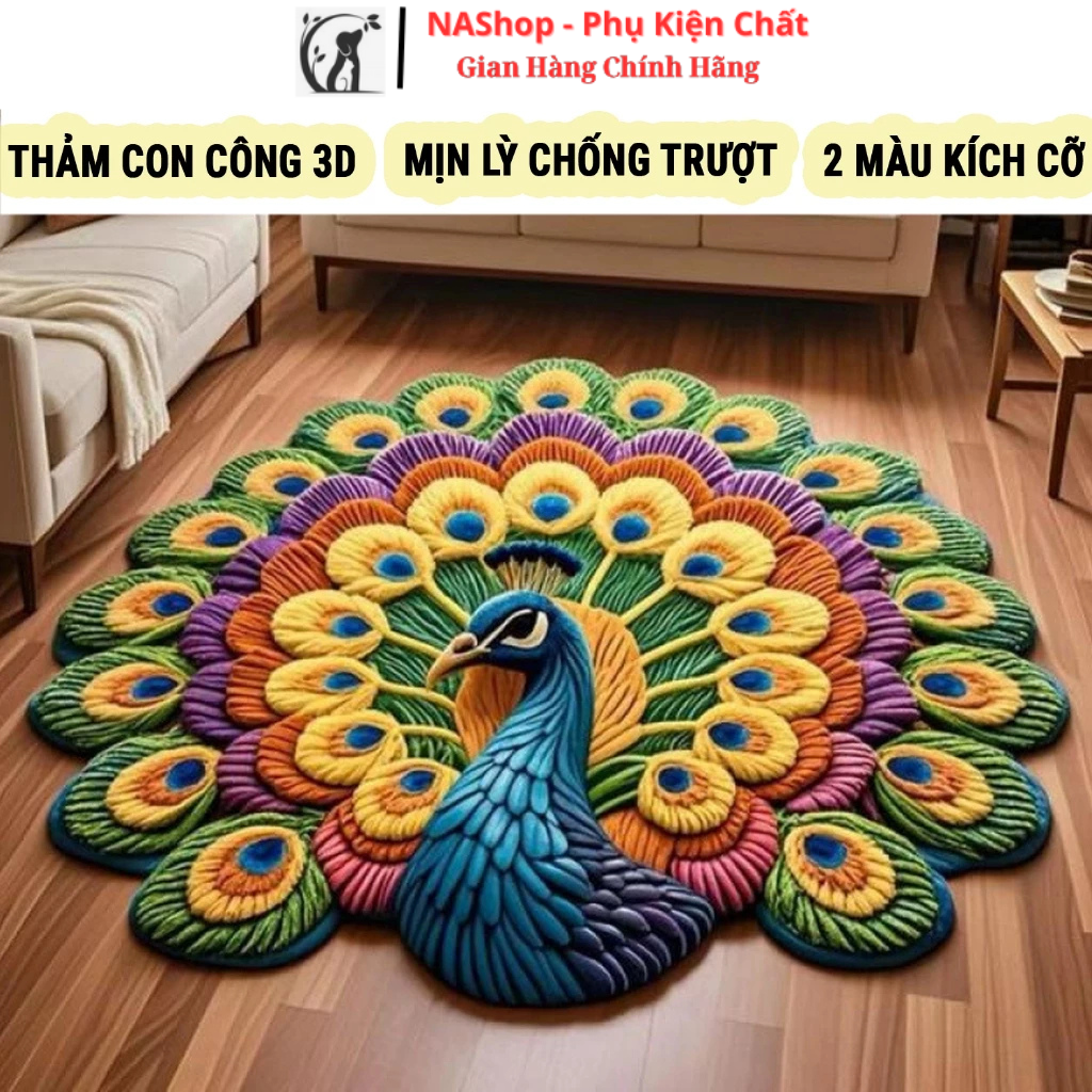 Thảm Con Công 3D Cao Cấp Thiết Kế Sắc Nét, Nổi Bật, Chất Liệu Mịn Lỳ An Toàn Chống Trượt, 2 Kích cỡ Màu Sắc Sang Trọng