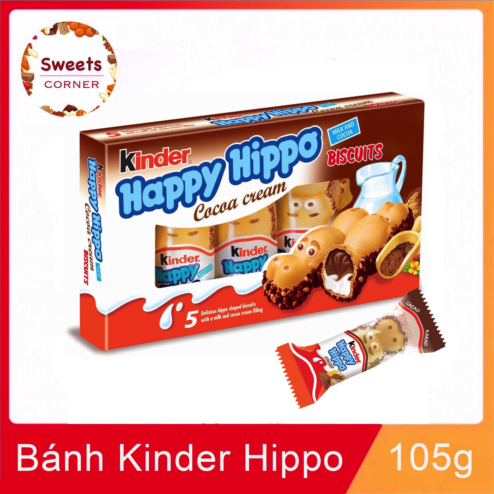 Bánh socola Kinder Happy Hippo Cacao hộp 103g (5 bánh)