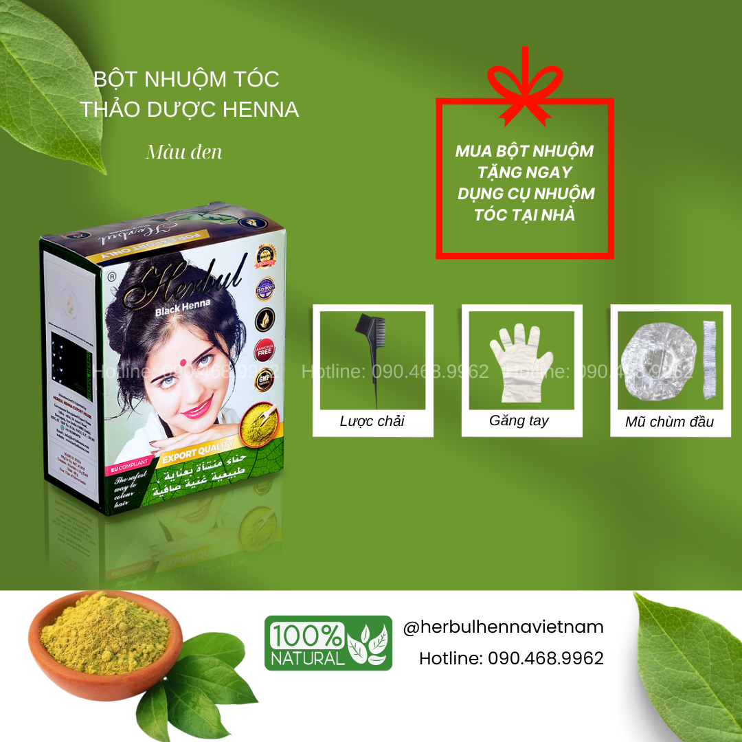 Bột nhuộm tóc thảo dược Herbull Henna đen - Black