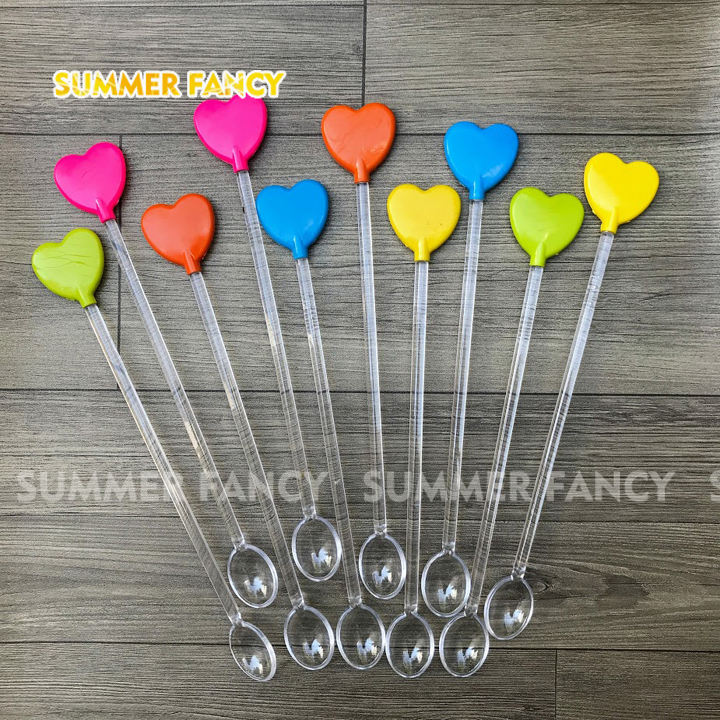 10 muỗng khuấy trái tim 21cm đủ màu, trong, màu chrome siêu nhũ tim xi -  nhà hàng quán bar cocktail sinh tố trà sữa - 10 pcs heart spoon