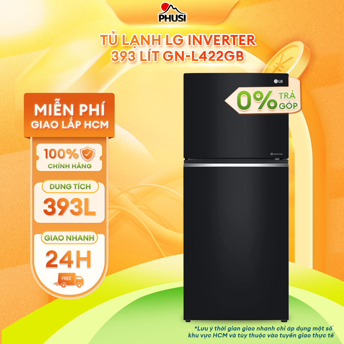 Trả góp 0% tủ lạnh lg inverter 393 lít gn-l422gb