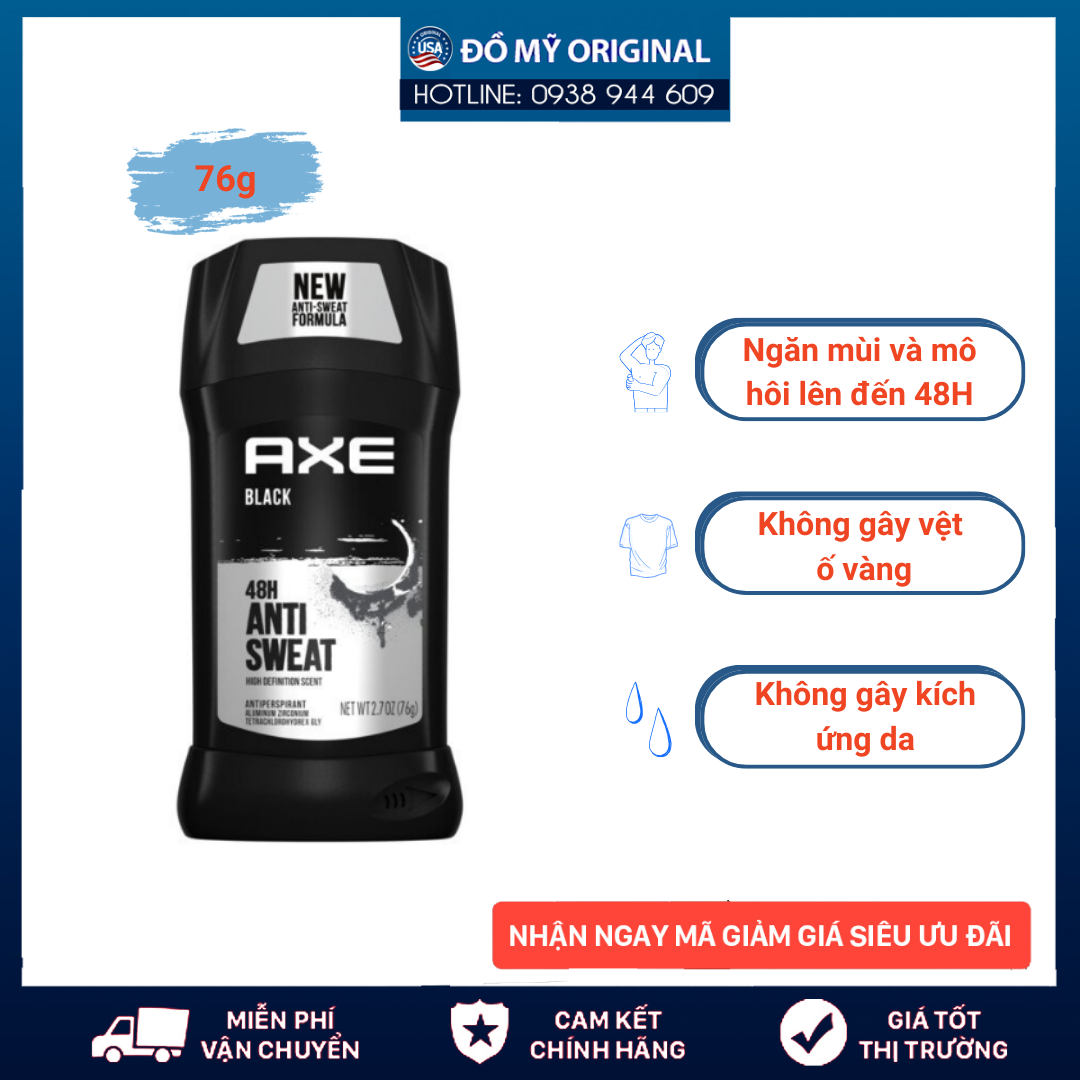 Lăn khử mùi cho nam axe black 48h anti sweat antiperspirant 76g hàng nhập mỹ ngăn tiết mồ hôi ngăn mùi hiệu quả không gây ố vàng áo