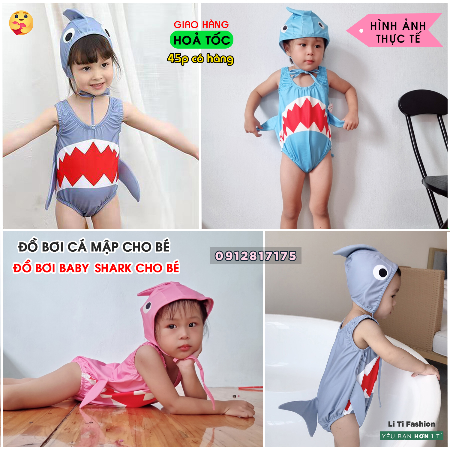Đồ bơi cá mập - Đồ bơi baby shark cho bé 8-16kg có sẵn mũ - Đồ bơi cá mập siêu cute cho bé trai/bé gái