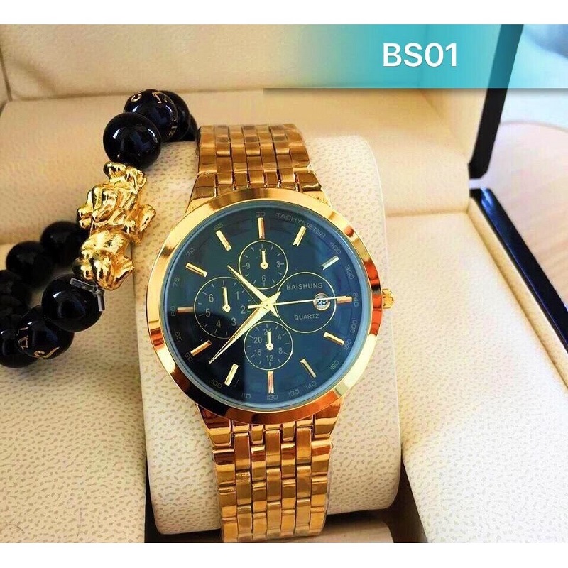 Đồng hồ nam chống nước BS dây thép không gỉ mặt siêu mỏng thời trang đẳng cấp có lịch ngày tặng kèm vòng tay tì hữu may mắn