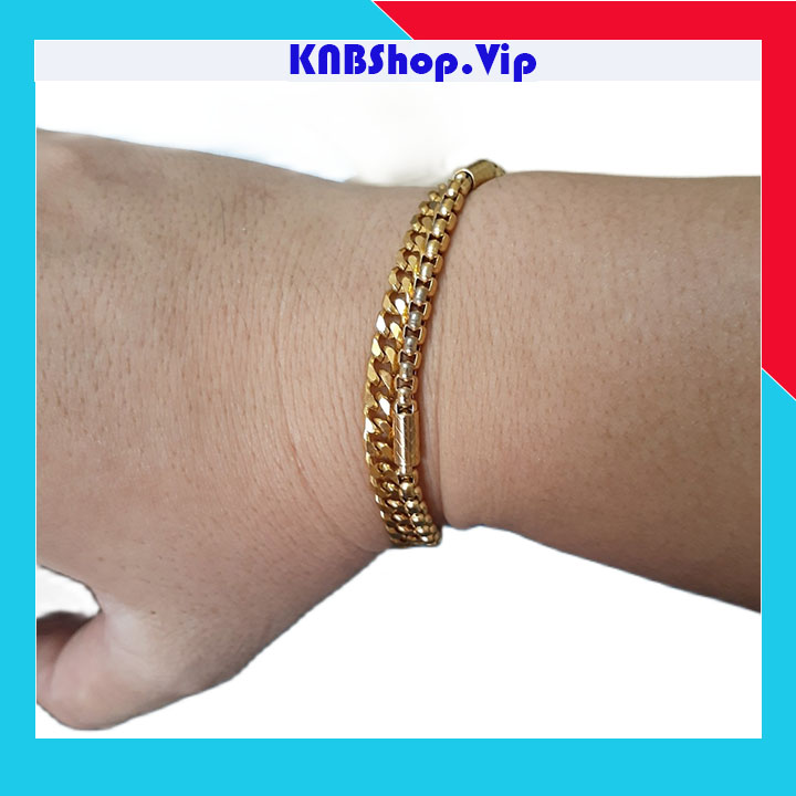 Lắc tay inox 2 tầng mạ vàng kiểu bông dừa bọc khoen kết hợp lặc vát cạnh - đẹp, bền màu, chuẩn thời trang