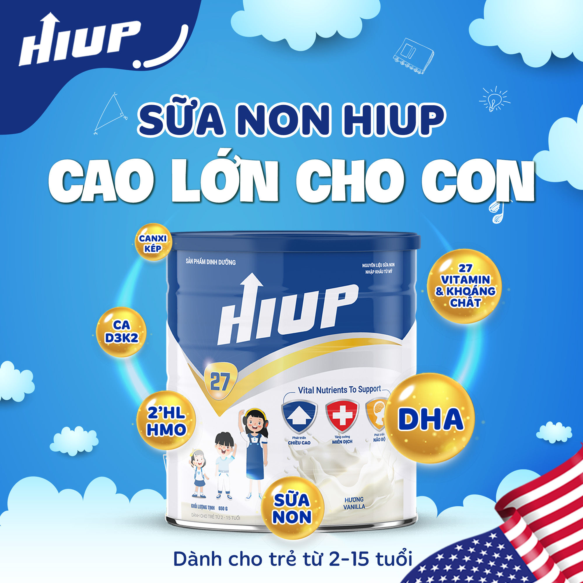 Sữa bột hiup công thức hoa kỳ hộp 650g, sữa tăng chiều cao cho trẻ từ 2 - 15 tuổi, bổ sung dha, vitamin d3 k2 cho bé hàng chính hãng - not vat