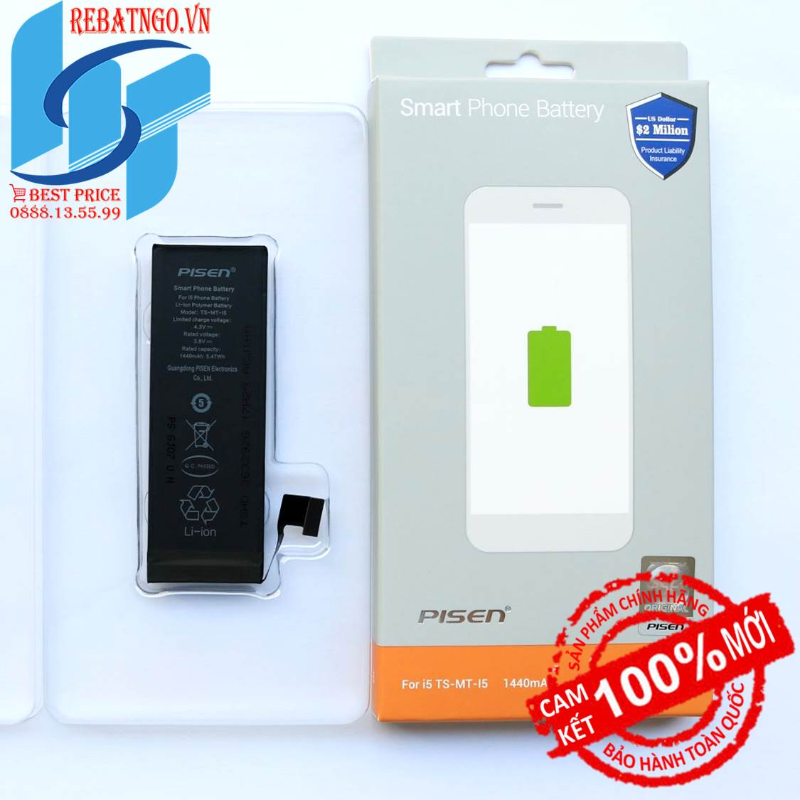 Pin Pisen cho Iphone 5 1440mAh chuẩn 3C Easy certificate