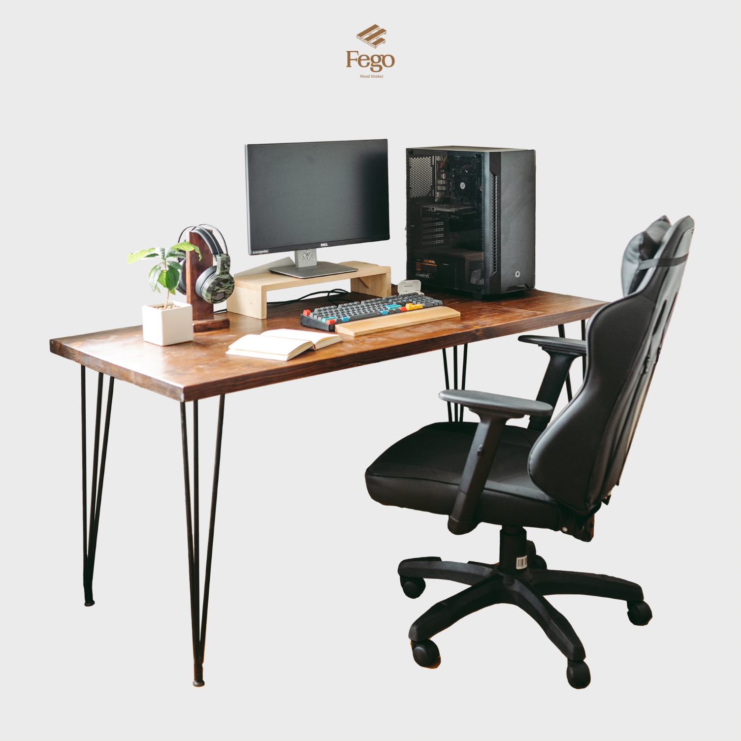 Bàn làm việc gỗ tự nhiên màu nâu sẫm chân sắt FEGO/ Bàn ăn gia đình bằng gỗ thông 120x60