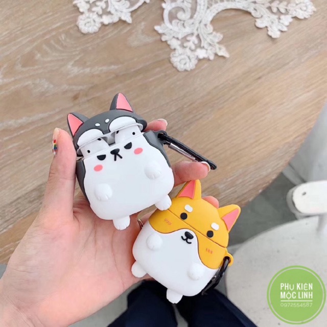 [Nhập ELMAY21 giảm 10% tối đa 200k đơn từ 99k]☘️Tặng kèm móc☘️ Case bao airpod silicon 1 2 3 Pro Chó Siba vàng trắng- Vỏ bọc đựng tai nghe không dây i11 i12...AirPods