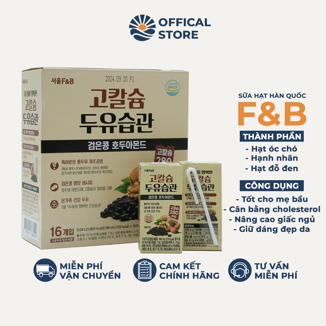 [Date T8/2024]Sữa hạt Seoul F&amp;B - óc chó, hạnh nhân, đậu đen, macca Hàn Quốc 190ml X 16 hộp